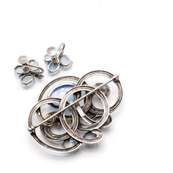 WRE Signed Sterling Silver Faux Moonstone Cabochon 40's Brooch Demi Set - Picture 11 of 11